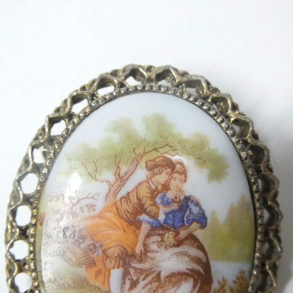 Porcelain Pin w/Brass Filigree Frame Oval Vintage Brooch